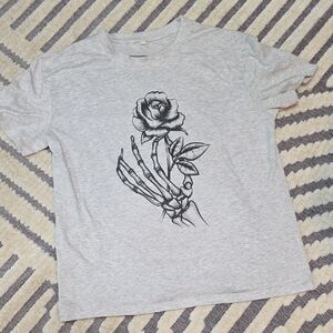 Gray Graphic T-Shirt with Skeleton Hand and Rose Design